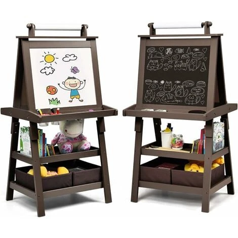 COSTWAY Chevalet Pour Enfants 3 En 1 Tableau De Dessin Magnétique Double Faces (Tableau Blanc + Tableau Noir) Avec Rouleau De Papier Café