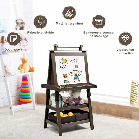 COSTWAY Chevalet Pour Enfants 3 En 1 Tableau De Dessin Magnétique Double Faces (Tableau Blanc + Tableau Noir) Avec Rouleau De Papier Café – Image 3