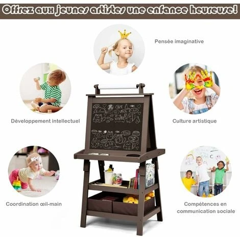 COSTWAY Chevalet Pour Enfants 3 En 1 Tableau De Dessin Magnétique Double Faces (Tableau Blanc + Tableau Noir) Avec Rouleau De Papier Café – Image 4
