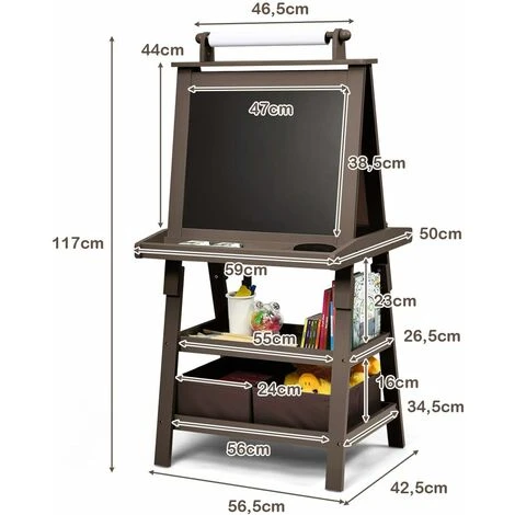 COSTWAY Chevalet Pour Enfants 3 En 1 Tableau De Dessin Magnétique Double Faces (Tableau Blanc + Tableau Noir) Avec Rouleau De Papier Café – Image 5