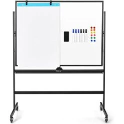 COSTWAY Tableau Blanc Magnétique 90x120cm Réversible à 360° Réglable En Hauteur Avec 4 Roulettes Effaçable à Sec Aimants 6 Marqueurs