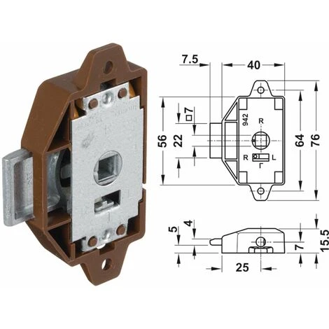 Serrure Espagnolette Marron Entraxe 64mm Axe 25mm Pour Meuble Armoire Caravane Bateau â Image 2