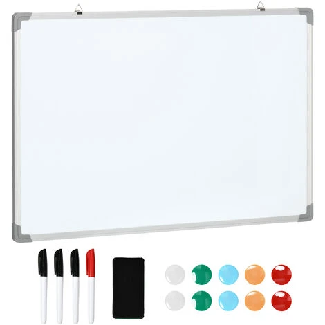 HOMCOM Tableau Blanc Aimanté Magnétique Dim. 90L X 60H Cm Nombreux Accessoires Inclus Cadre Aluminium